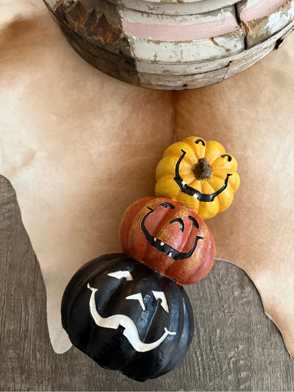 Stacked Pumpkin Smiles Halloween Table Accent - Yellow, Orange, Black